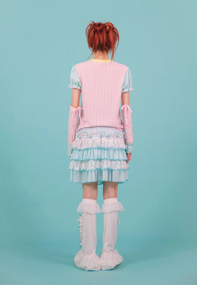 Frufru Tiered Ruffle Skirt - ' Pastel Blue and White Layered Summer Mini Skirt