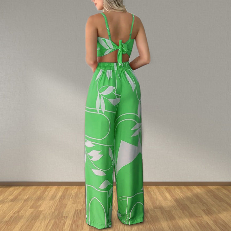 Clothing Summer Tube Top Lace Up Loose Wide Leg Pants Printing Set