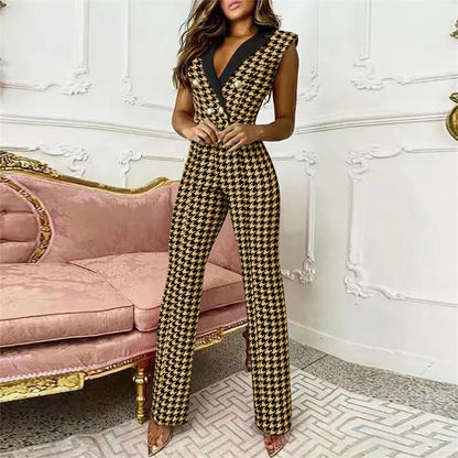 Spring Summer Clothing Color Matching Button V-neck Sleeveless Houndstooth Jumpsuit Business Wear for