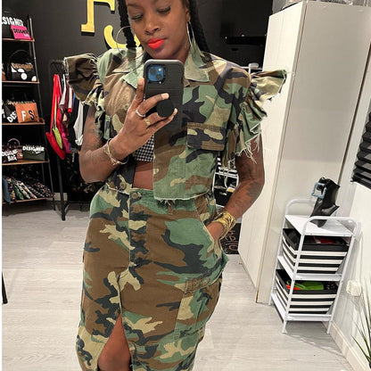 Camouflage Clothing Flounce Sleeve Pocket Personalized Cardigan Outdoor Short Sleeve Coat