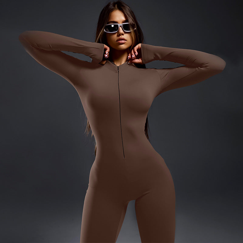 Clothing Winter Color Tight Zipper Sports Yoga Jumpsuit