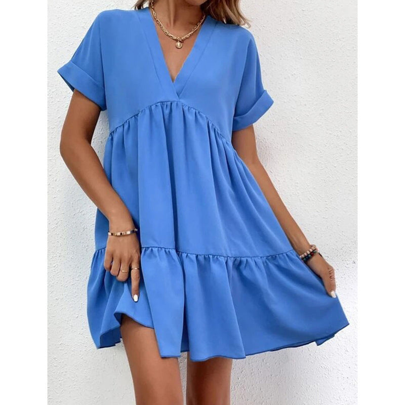 Color Loose Waist Midi Dress V Neck Dress for