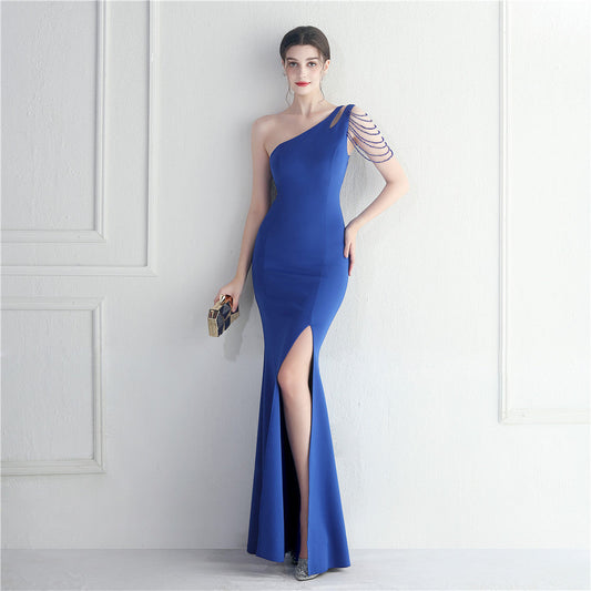 Craft Beaded One Shoulder Diagonal Collar Split Maxi Dress Performance Dinner Dress