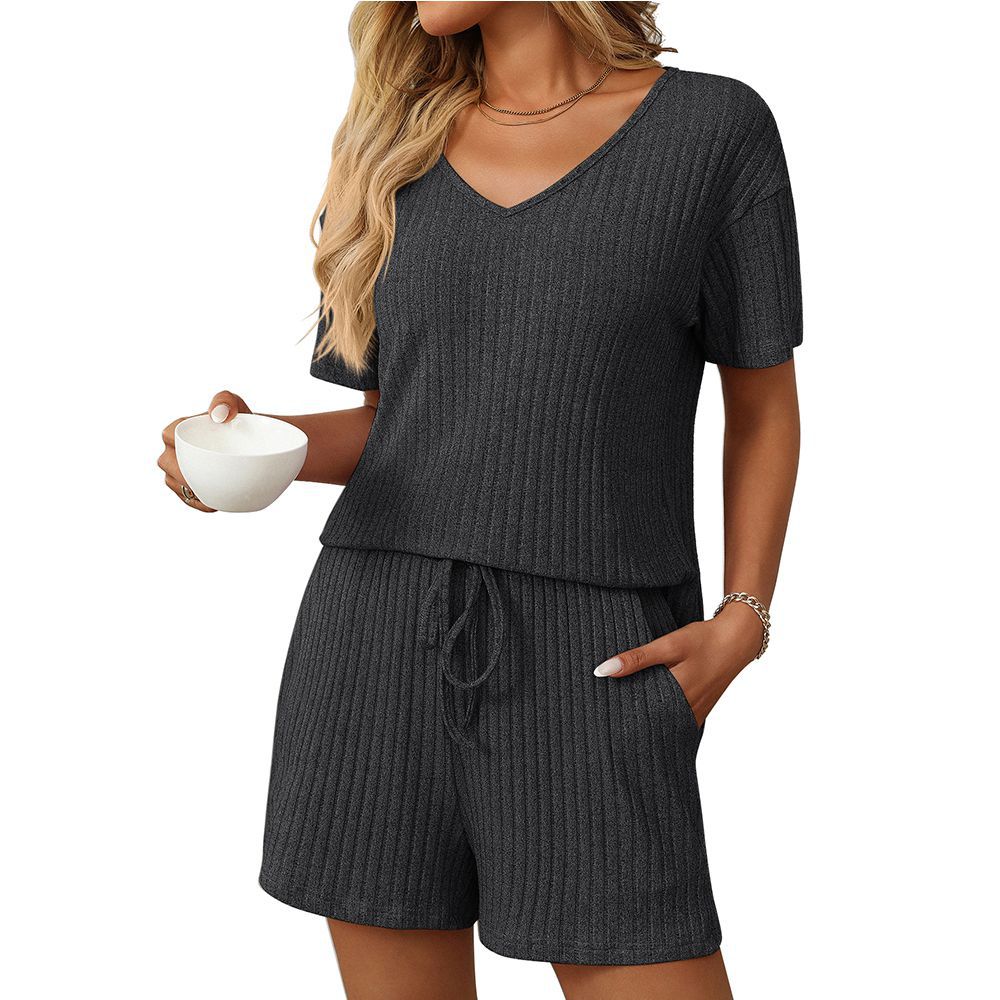 Clothing Summer Color Rib Fabric Short Sleeved Two Piece Pant Sets