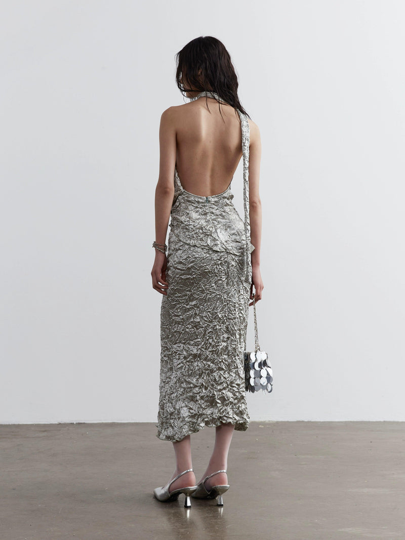 Jnylon Studio Metallic Crinkle One-shoulder Maxi Dress - Silver Textured Evening Gown With Asymmetric Strap