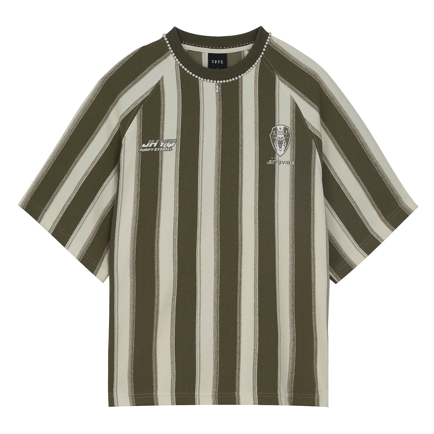 Contrast Striped Neck Beaded T-shirt