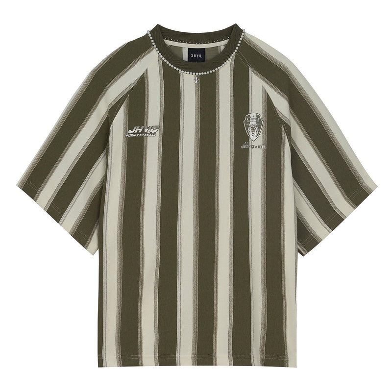 Contrast Striped Neck Beaded T-shirt