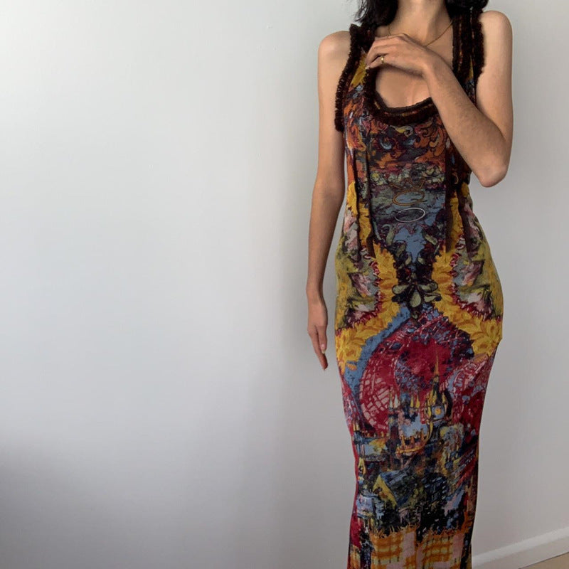 Clothing Summer Retro Tie Dyed Printed U Collar Slim Dress Maxi Dress