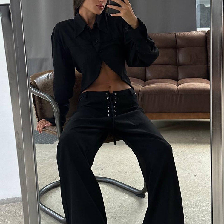 Collared Long Sleeves Cropped Design White Shirt Hollow Out Cutout Out Tied Wide Leg Pants Two Piece Set