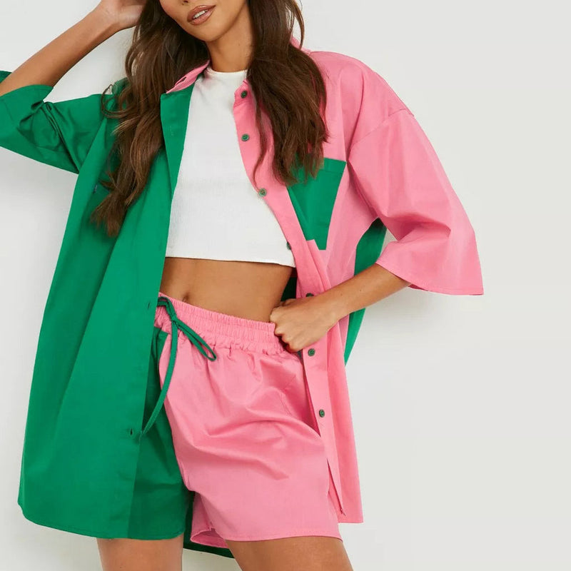 Spring Summer Set Color Matching Super Half Length Sleeve Shirt Top Elastic Waist Shorts Two Piece Set