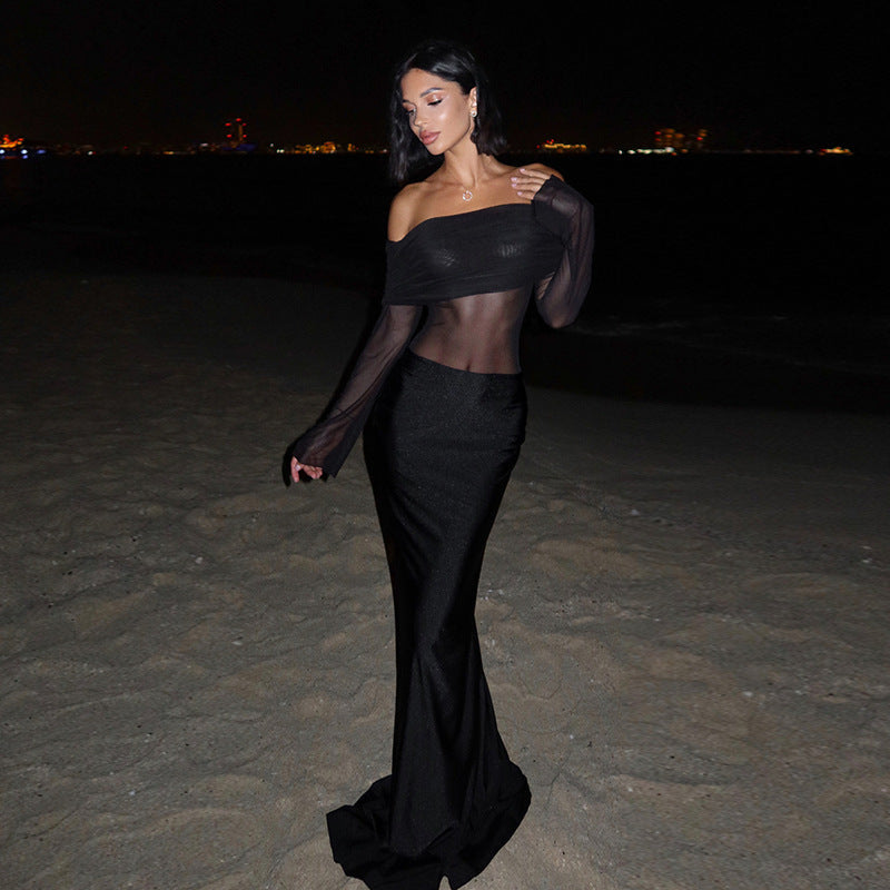 Fall Maxi Dress Slim Off Shoulder Mesh Dress