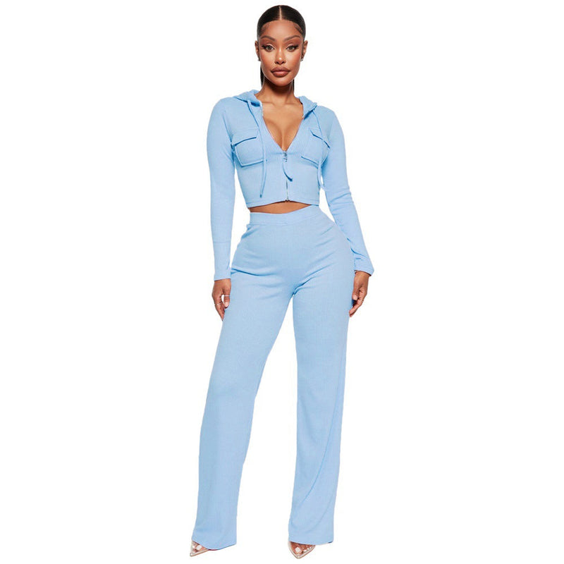 Knitted Hooded Cardigan Loose Trousers Sports Two Piece Set