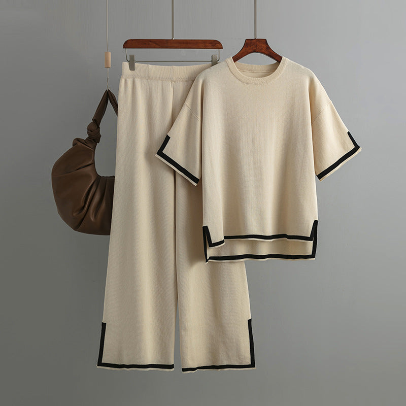 Outfit Contrast Color Split Short Sleeve Sweater High Waist Slimming Wide Leg Pants Trousers Two Piece Set