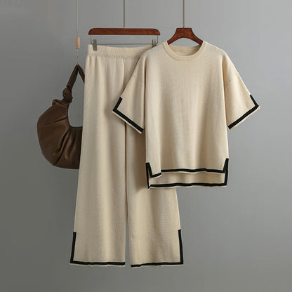 Outfit Contrast Color Split Short Sleeve Sweater High Waist Slimming Wide Leg Pants Trousers Two Piece Set