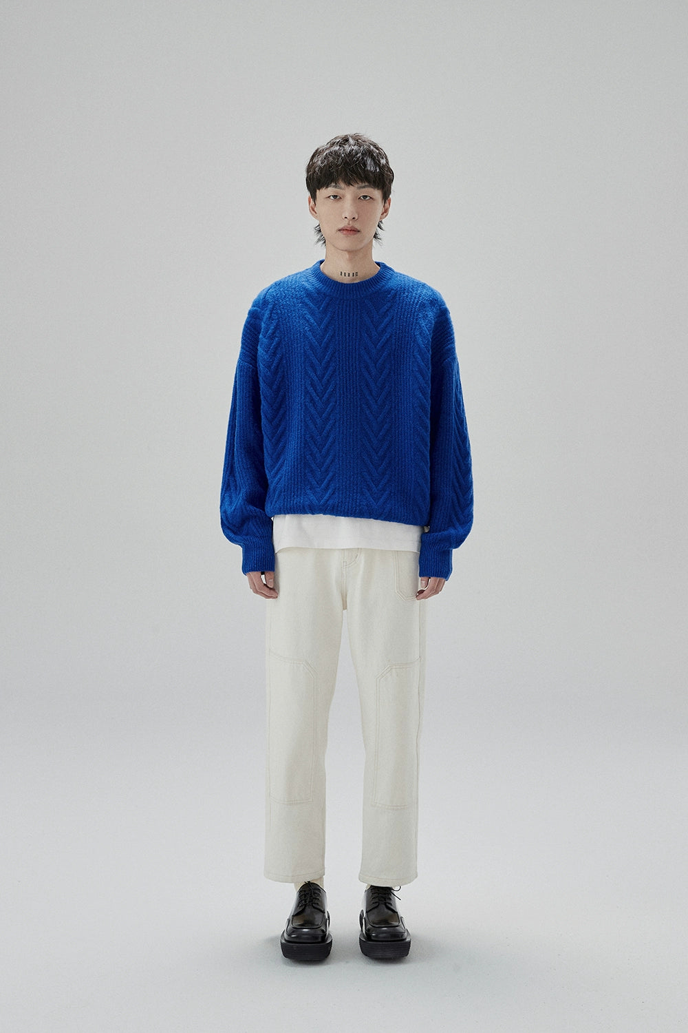 Cream Cable Knit Sweater With Chevron Pattern