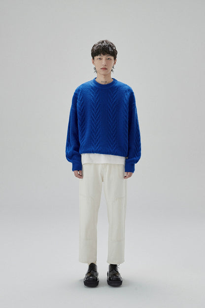 Cream Cable Knit Sweater With Chevron Pattern
