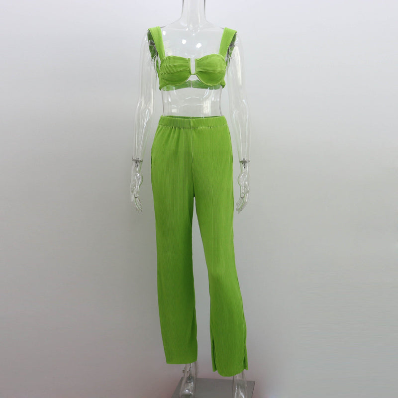 Clothing Spring Summer Two Piece Suit Pleated Backless Vest Straight Pants Suit for