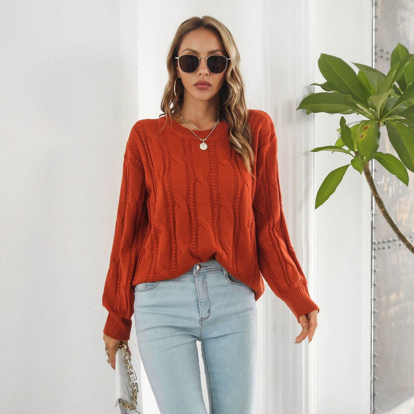 Twist Hollow Out Cutout Out Sweater Loose Autumn Winter Long Sleeved Knitwear Sweater