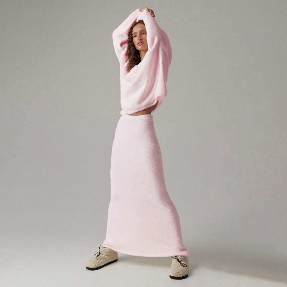 Sweater Suit Autumn Winter Office Simple Knitting V Neck Sweater Skirt Set