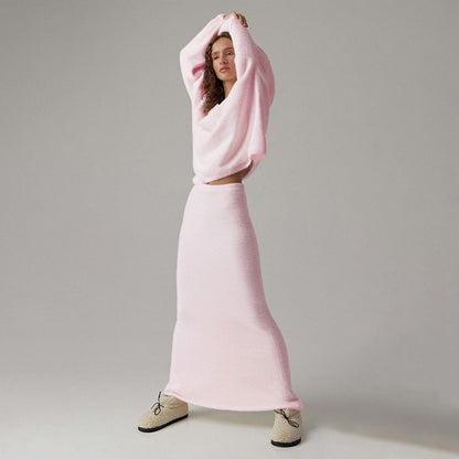 Sweater Suit Autumn Winter Office Simple Knitting V Neck Sweater Skirt Set