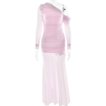 Dress Mesh Stitching Pleated Color Long Sleeve Slim Fit Maxi Dress