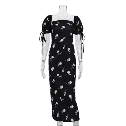 French Clothing Summer Holiday Dress Puff Sleeve Off Neck Slim Fit Long Dress