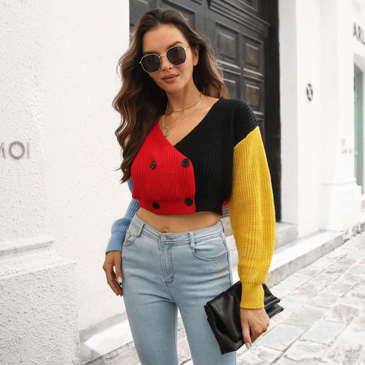 Double Breasted Stitching Contrast Color Knitted Sweater Cardigan Cropped Coat Long Sleeve Autumn Winter