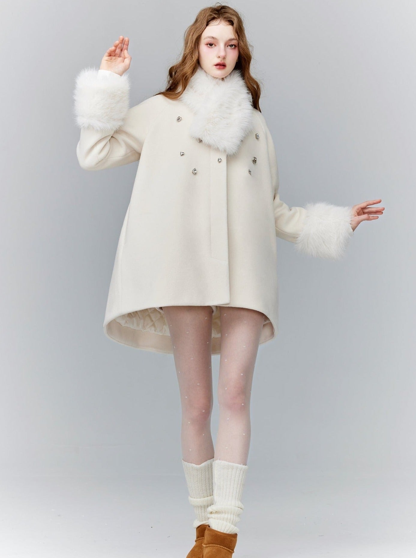 Luxe Faux Fur Trim Coat - Winter Jacket in Ivory and Black