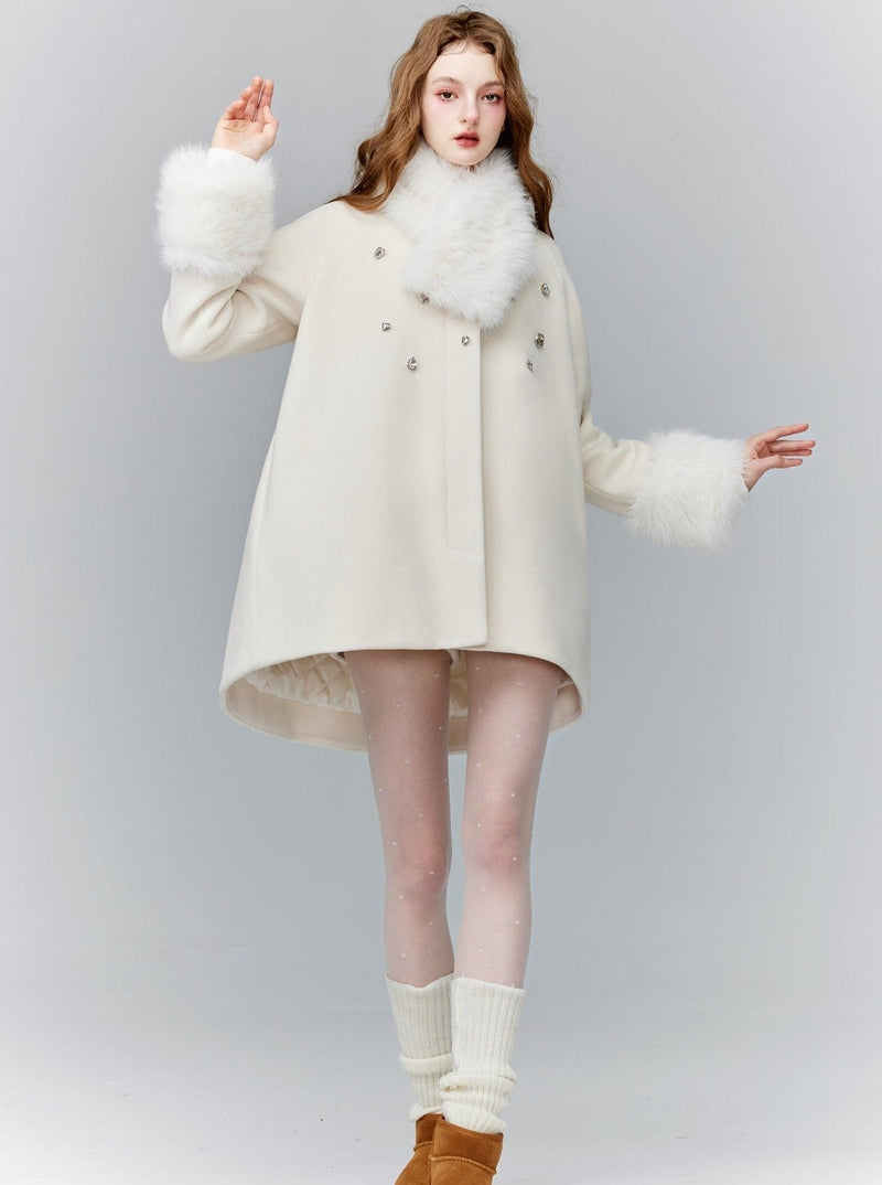 Luxe Faux Fur Trim Coat - Winter Jacket in Ivory and Black