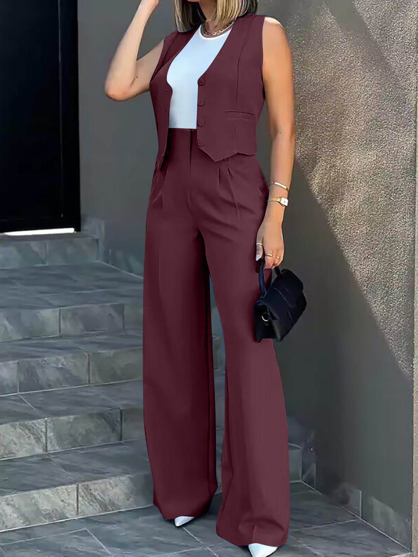 Vest Jacket Wide Leg Pants Set
