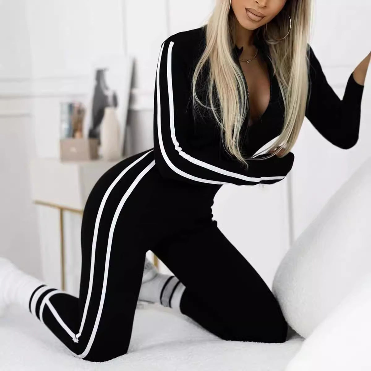 Autumn Winter Slim Striped Half Zipper Jumpsuit