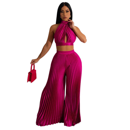 Clothing Halter Backless Artificial Silk Pleated Wide Leg Pants Two Piece Set