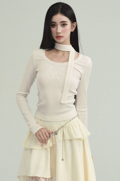 Ethereal Ivory Ensemble: Asymmetric Ruffled Midi Skirt & Choker-neck Fitted Sweater Set