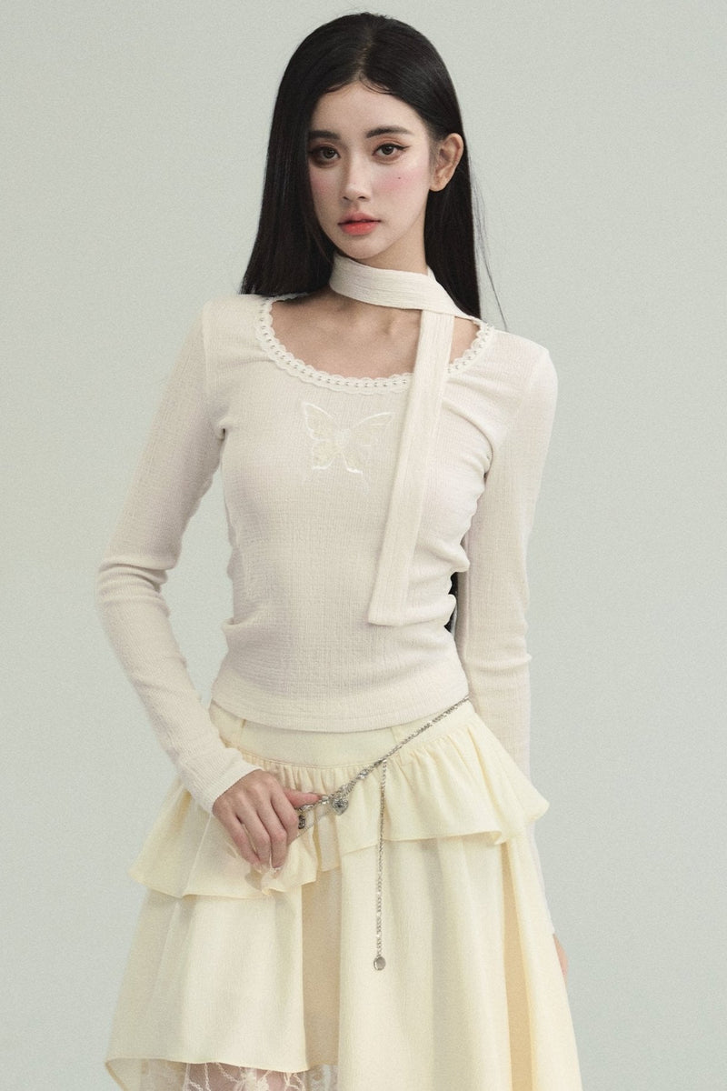 Ethereal Ivory Ensemble: Asymmetric Ruffled Midi Skirt & Choker-neck Fitted Sweater Set