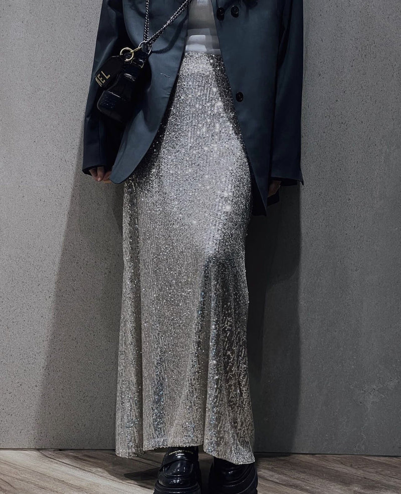 Spring Autumn Popular Long Sleeve Blouse Long Skirt Sequined Set
