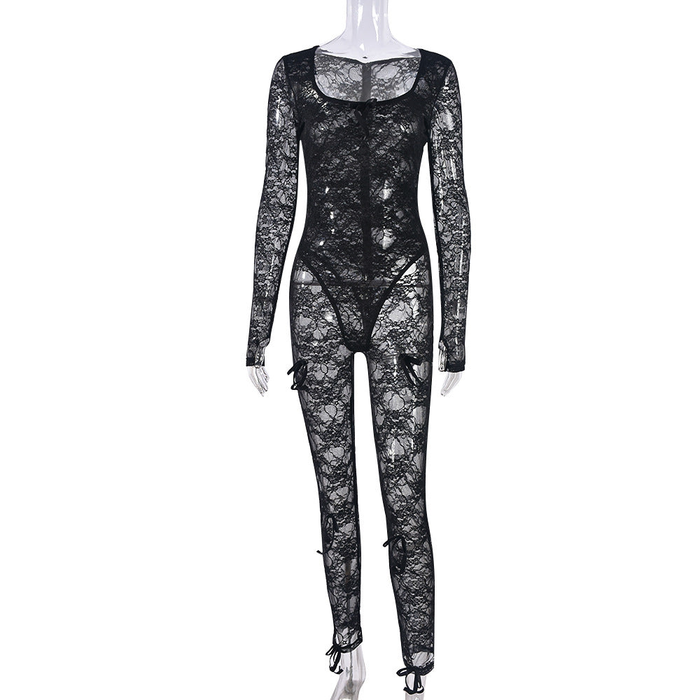 Summer Clothing U Neck Long-sleeved Lace Stretch Jumpsuit