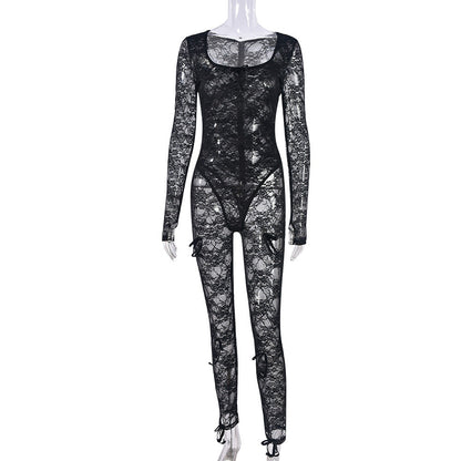 Summer Clothing U Neck Long-sleeved Lace Stretch Jumpsuit