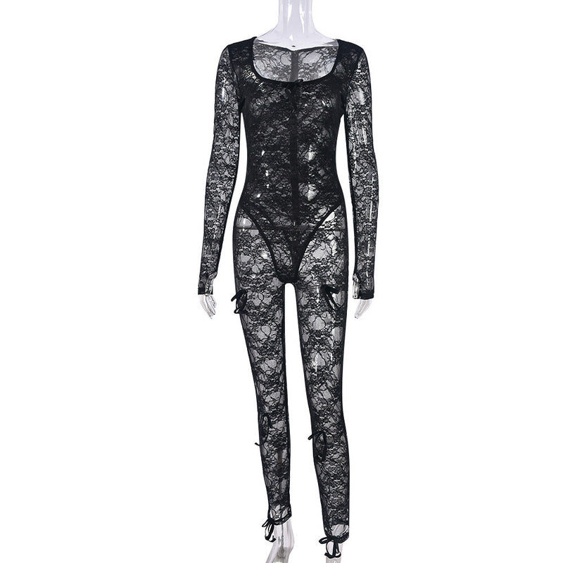 Summer Clothing U Neck Long-sleeved Lace Stretch Jumpsuit