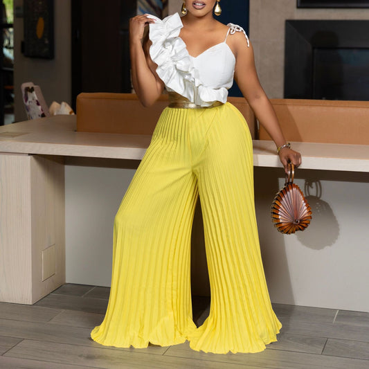 Clothing Ruffles Sleeveless Top Wide Leg Wide Leg Pants Set