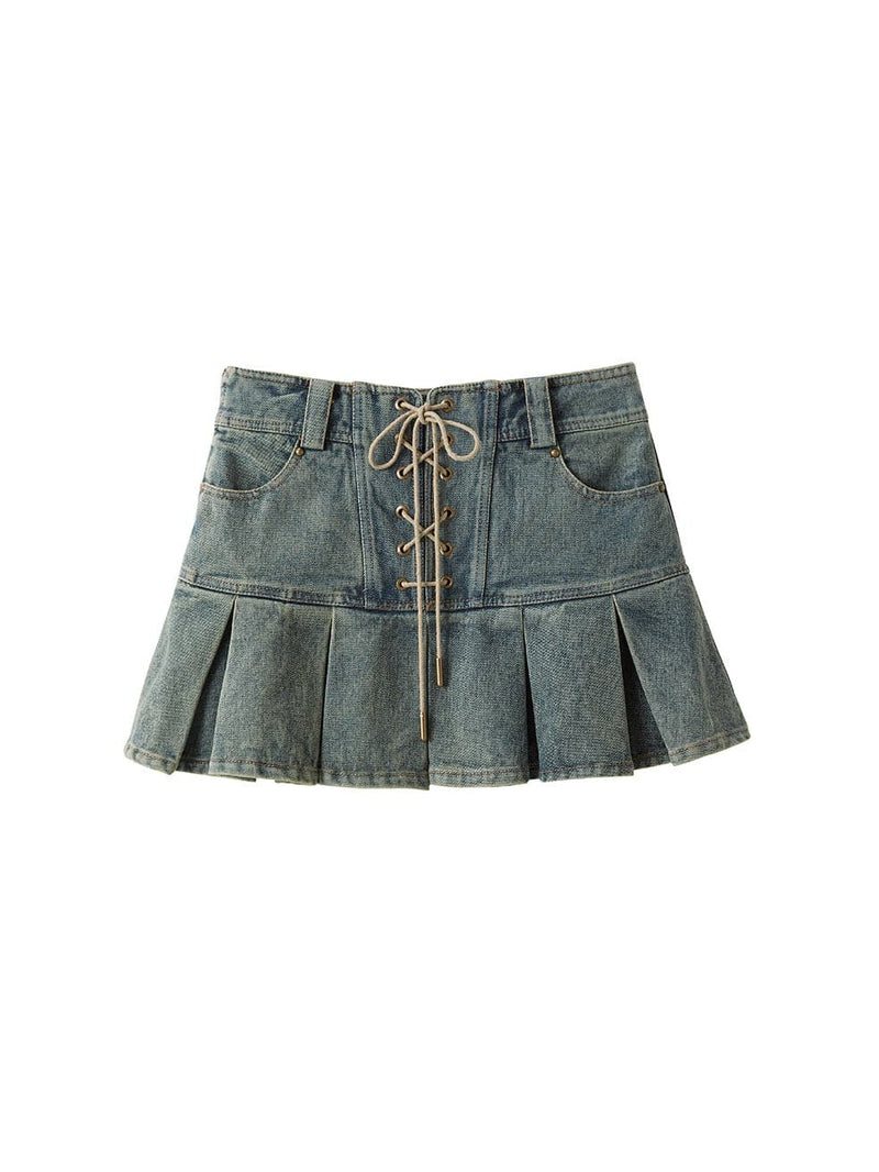 High Waist Pleated Skirt With Lace-up Detail
