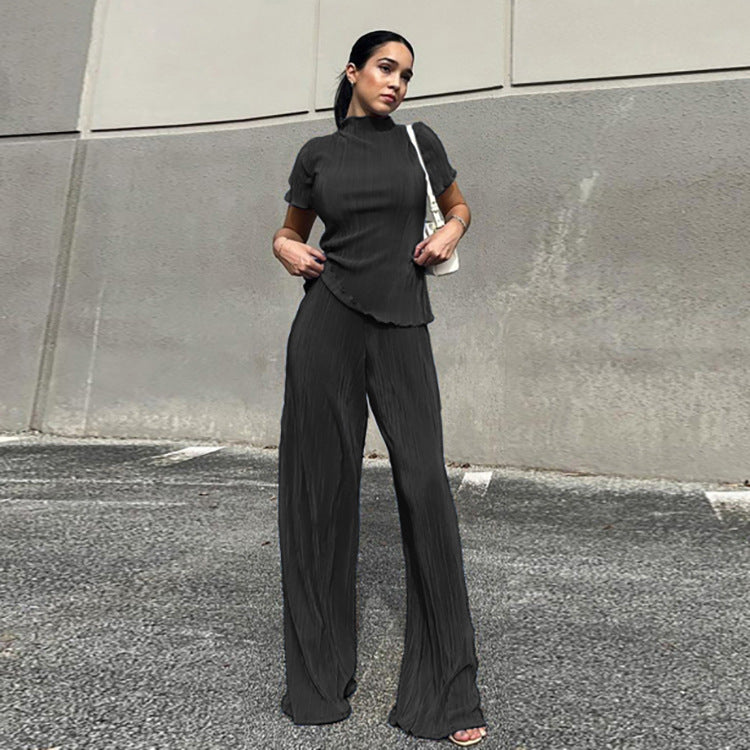 Spring Slimming T Shirt High Waist Blue Pleated Wide Leg Pants Clothing Suit