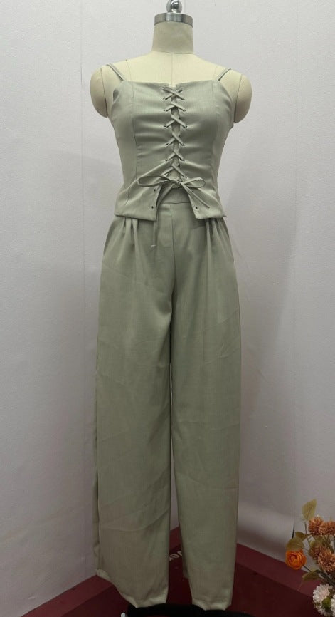 Summer Cutout Tied Top Wide Leg Pants Suit