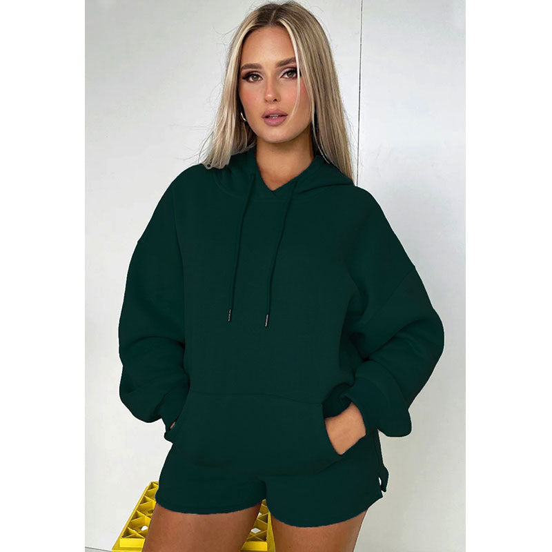 Autumn Winter Color Thickened Fleece Lined Hooded Long Sleeve Sweater Shorts Suit