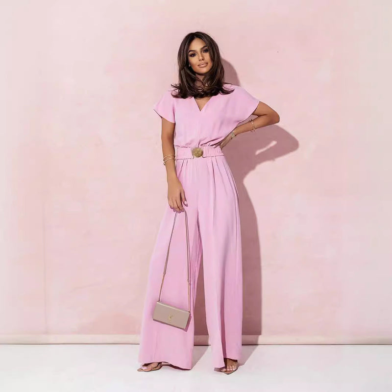 Clothing Color V Neck Tight Waist Short Sleeve Trousers Jumpsuit