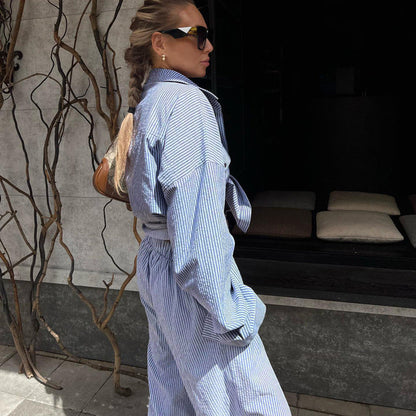 Blue Color Striped Collared Shirt Long Sleeve Wide Leg Pants Suit Loose Clothing