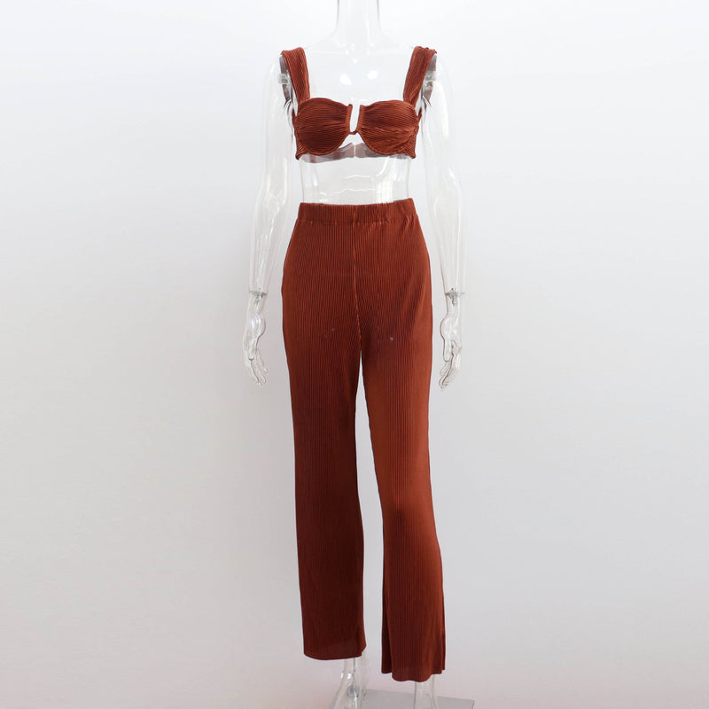Clothing Spring Summer Two Piece Suit Pleated Backless Vest Straight Pants Suit for