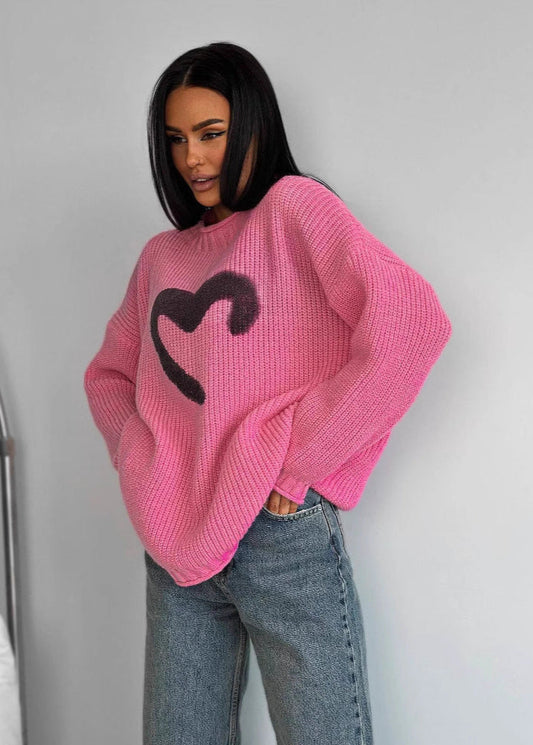 Amora - Oversized Knit Sweater With Heart Detail