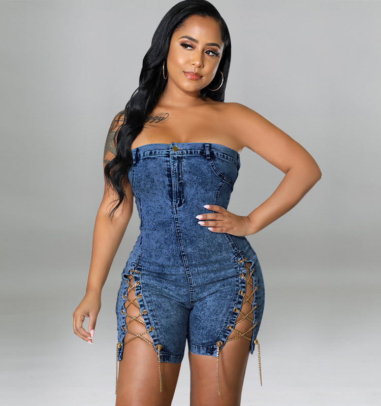 Clothing Spring Wear Copper Chain Off-the-shoulder Denim Dress Romper