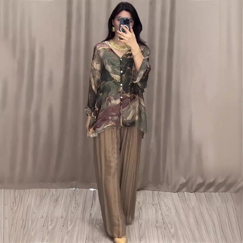 Spring Hand Painted Printed Shirt Top Wide Leg Pants Two Piece Clothing