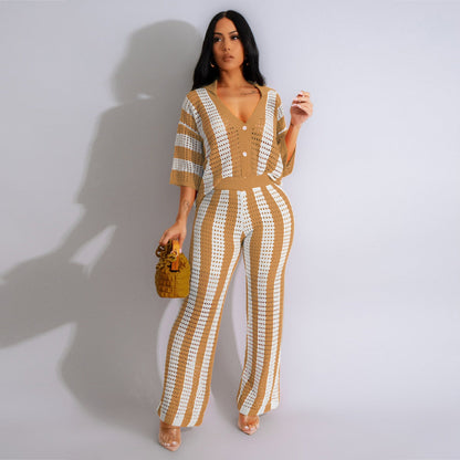 Clothing V Neck Hollow Out Cutout Striped Collared Knitted Wide Blouse Pants Sets
